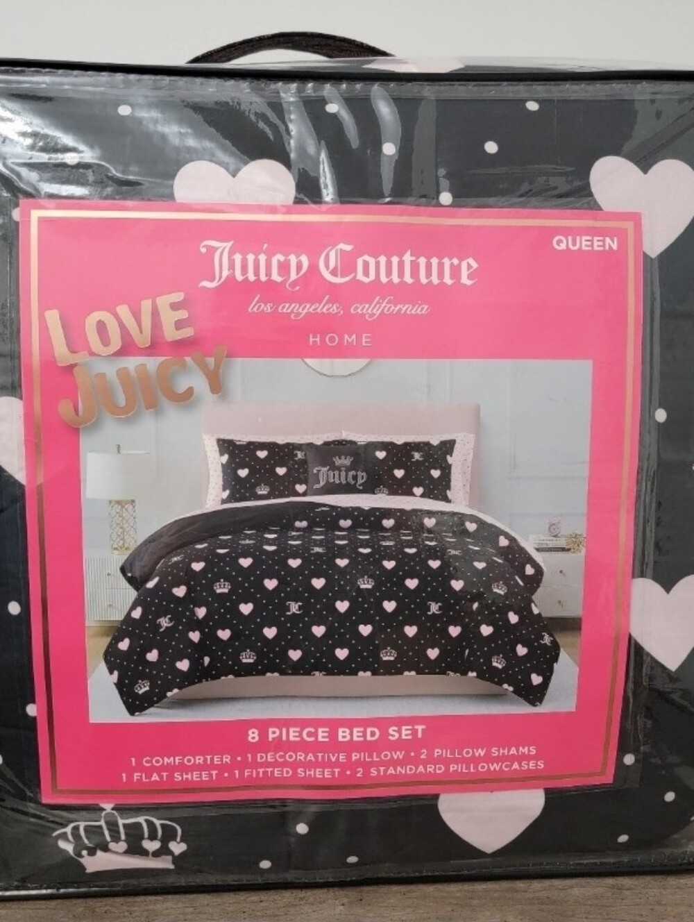 Juicy Couture QUEEN Valentine's Heart 8 Piece Comforter and Sheets Set
